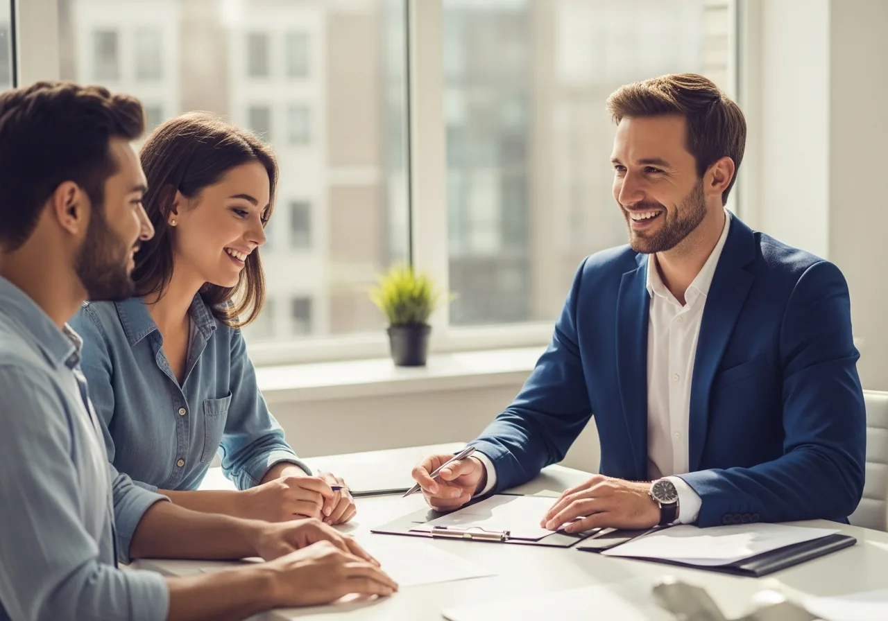 Friendly insurance advisor having a genuine conversation with clients