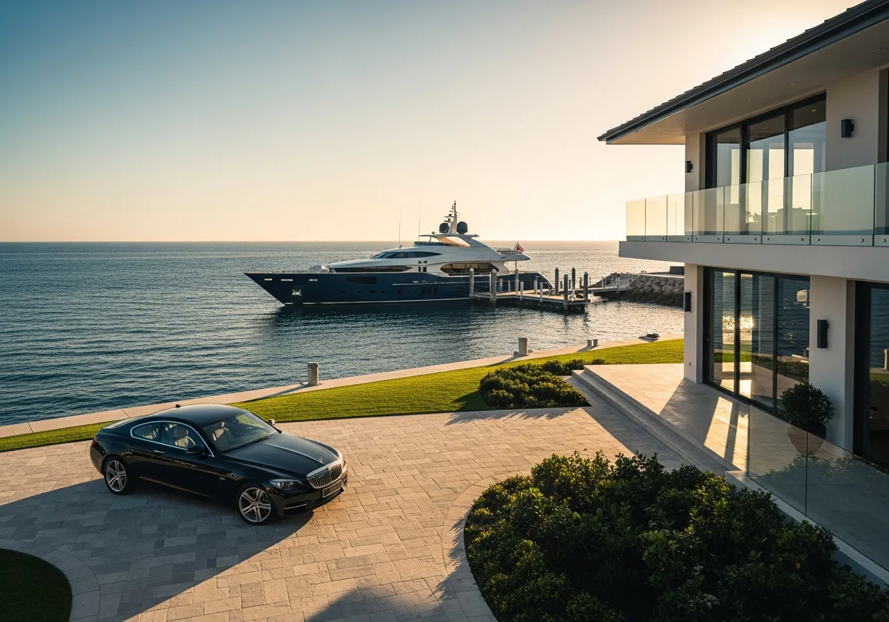 Waterfront estate with a docked superyacht and luxury car — the high-value assets Neil Jesani Risk Management protects